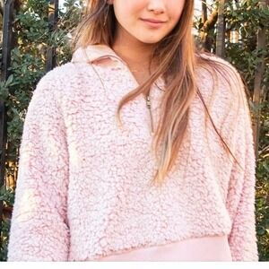 PINK Victoria's Secret‎ Sherpa Quarter Zip Pullover Sweatshirt Cozy -Pink -Small